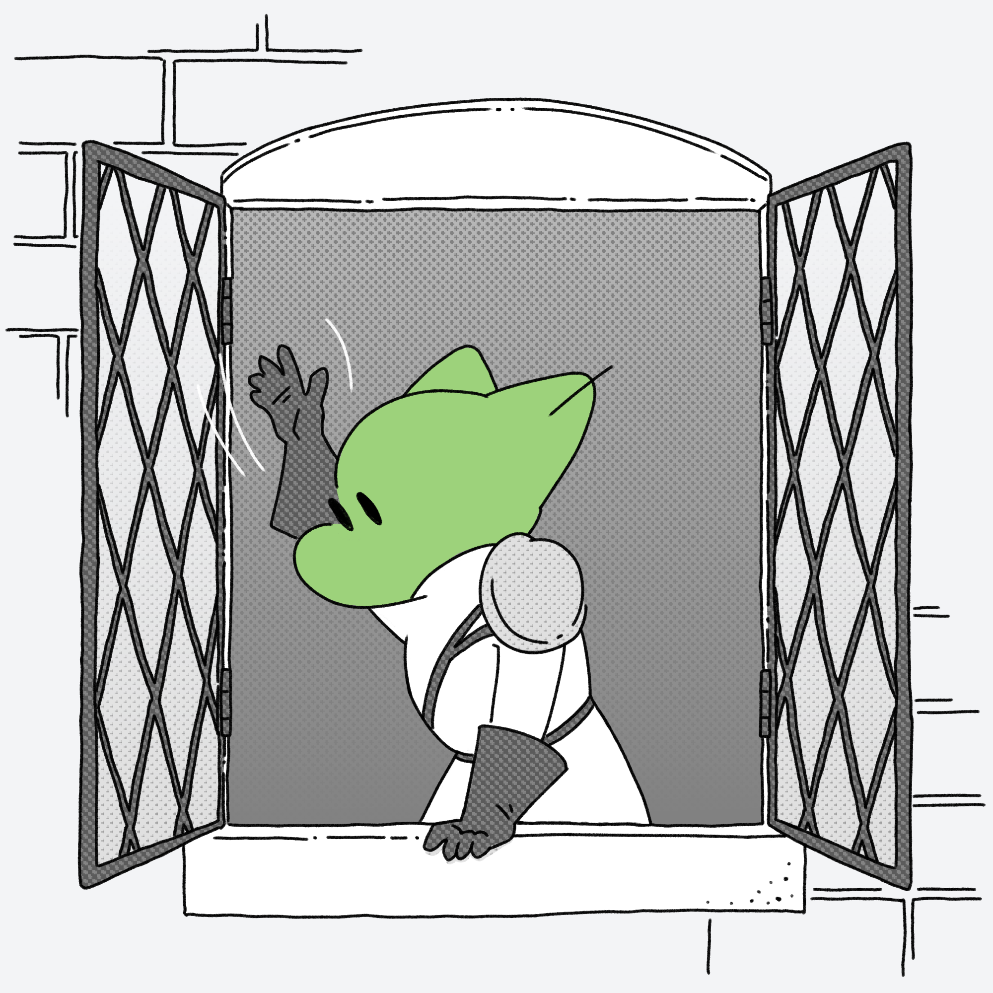 Abby leaning out a windows waving