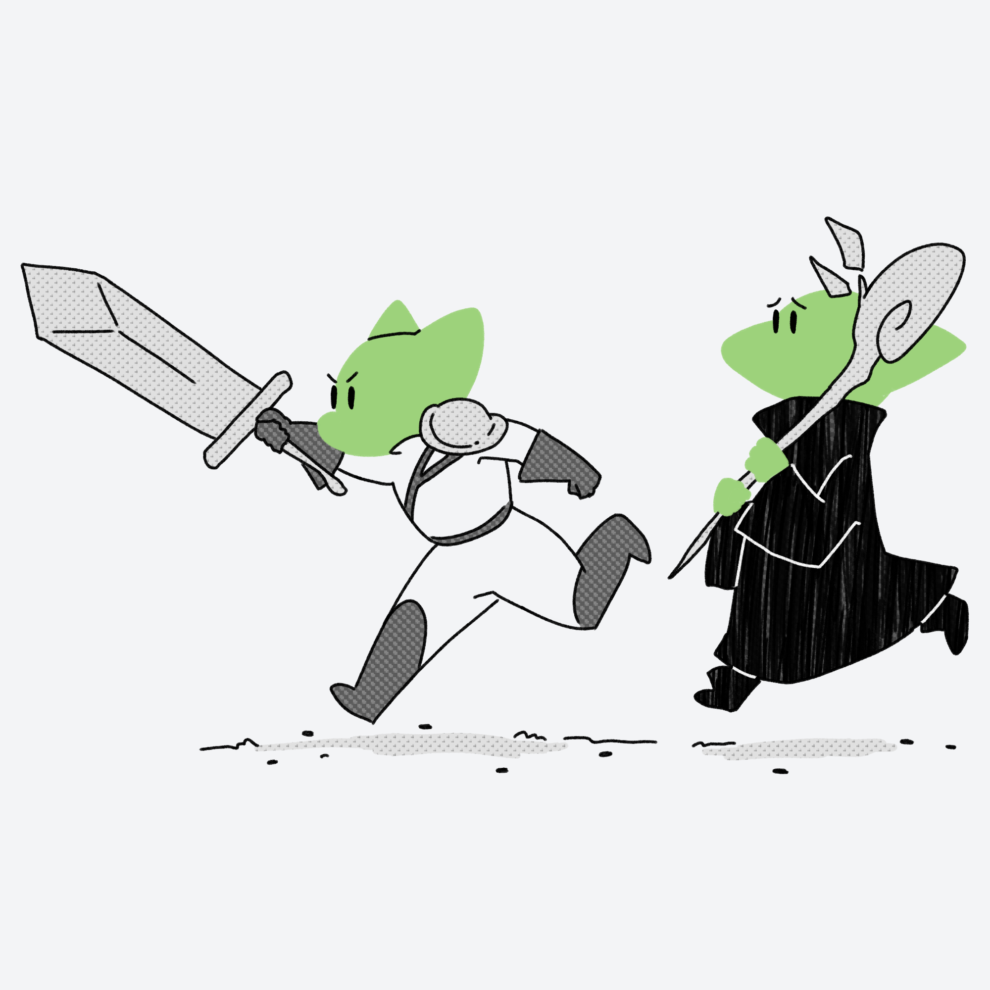 Abby with sword drawn running to the left followed by Erry clutching their staff