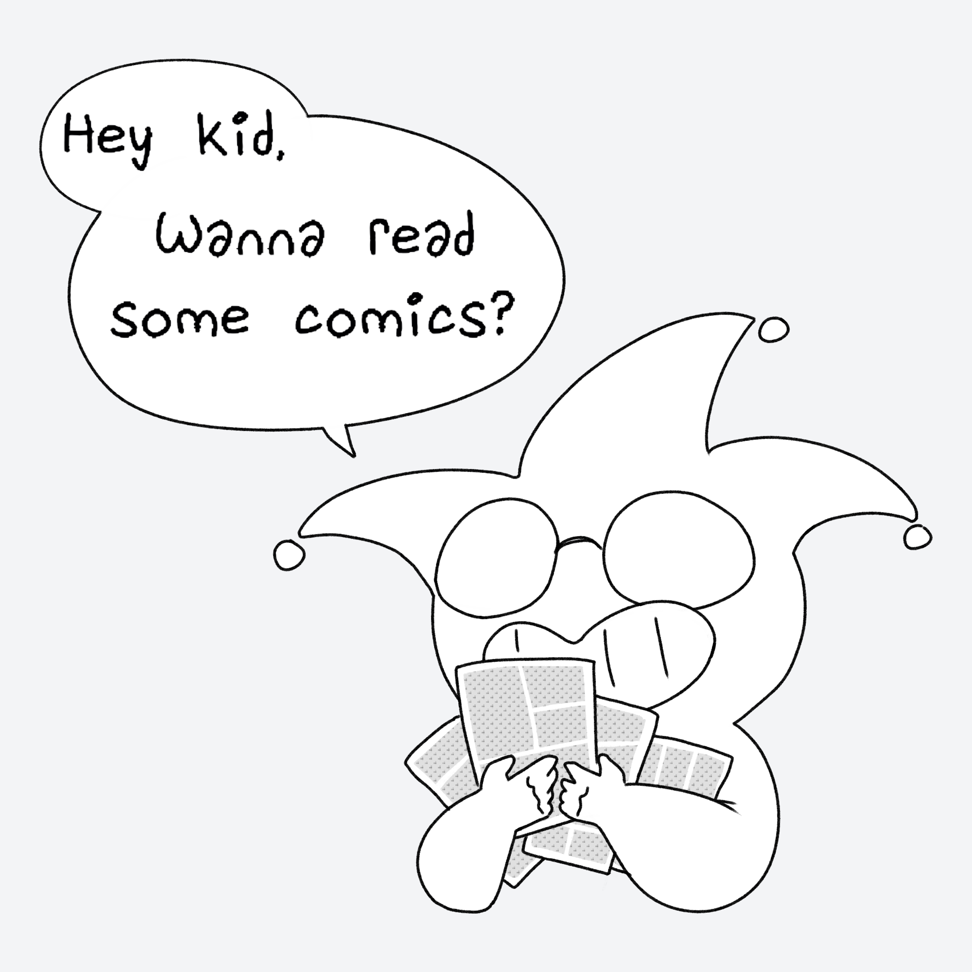Image of the artist holding an armload of comic pages asking, "Hey kid, ya wanna read some comics?"