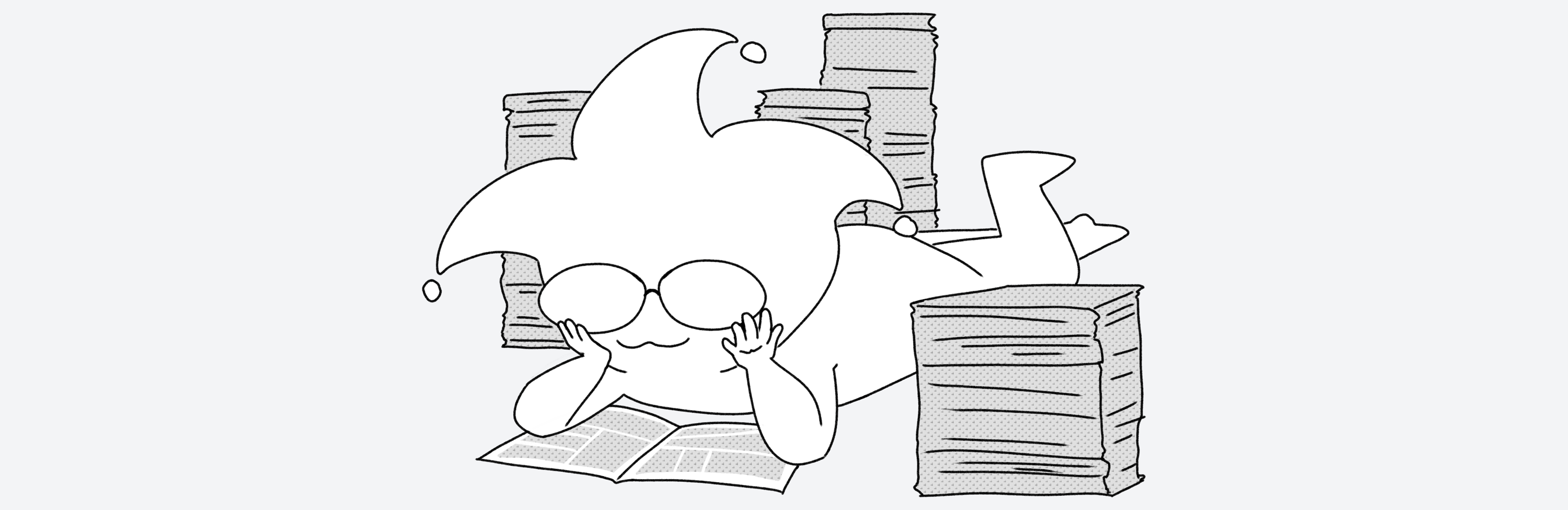 Image of the artist reading a comic book while surrounded by stacks of comic books